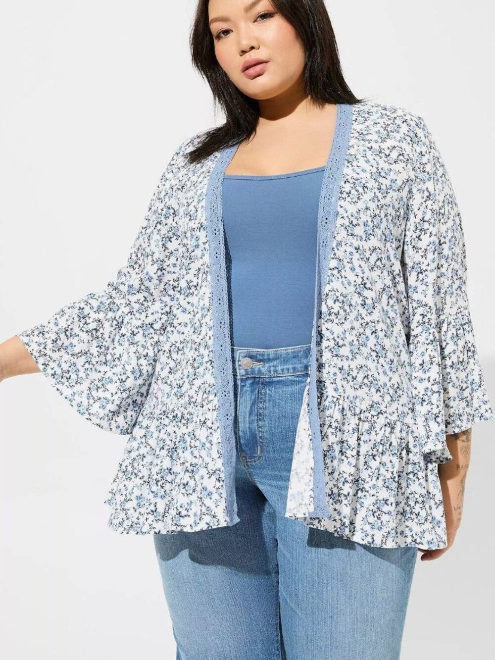 TORRID 1 Plus Size Washable Gauze Embroidered Short Ruffle Kimono Blue Floral 1X